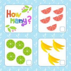 Game for preschool children. Count as many fruits in the picture and write down the result. Banana, watermelon, lime. With a place for answers. Simple flat isolated vector illustration.