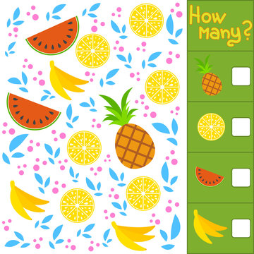 Game for preschool children. Count as many fruits in the picture, write down the result. Banana, watermelon, lemon, pineapple. With a place for answers. Simple flat isolated vector illustration.