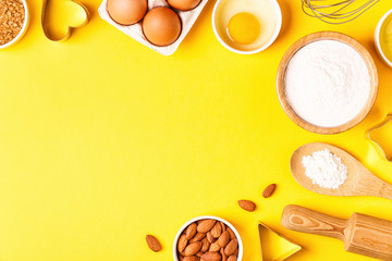 Ingredients and utensils for baking on a pastel background. - obrazy, fototapety, plakaty