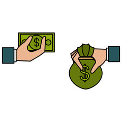 hand with bills and money bag vector illustration design
