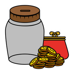 coins money with wallet and jar vector illustration design