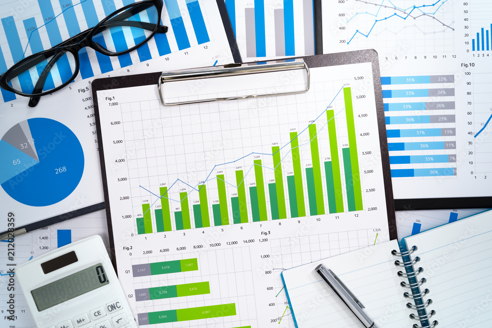 Poster growth strategy planning. preparing and analyzing business reports. pile of reports and office suppl