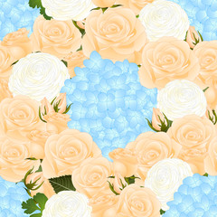 Orange Rose, Blue Hydrangea and White Ranunculus Background.