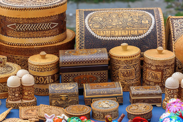 Russia, Suzdal, September 2017. Sale of souvenirs from birch bark handmade.