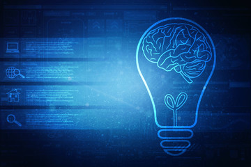 2d illustration Brainstorm concept with futuristic glowing low polygonal light bulb and human brain
