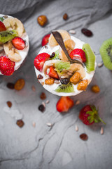 Nutrition Yoghurt fruit dessert strawberries banana kiwi raisins sunflower seeds oatmeal walnuts caramel