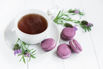 Cup of tea and macarons