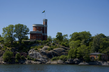 Castle and landmarks at Stockholm waterfront a summer day 