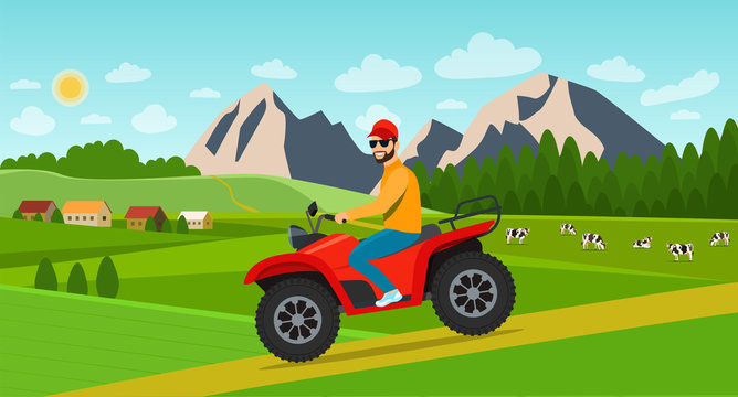 Young man riding on the ATV motorcycle in summer landscape with village and herd of cows on the field.. Vector flat style illustration