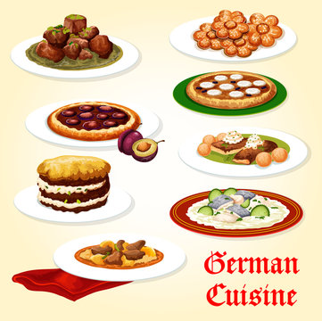 German cuisine icon of dinner dish with dessert