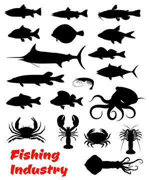 Fish and seafood black icon for fishing design