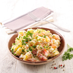potato salad with smoked salmon and sauce