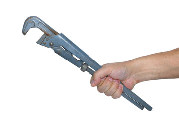 adjustable wrench in a hand on a white background