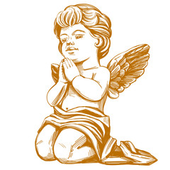 angel prays on his knees hand drawn vector illustration realistic sketch
