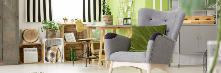 Grey armchair with green velvet cushion standing in bright living room interior with grey metal cupboard, fresh plants and crate shelves