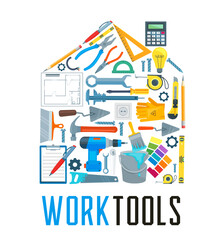 House with work tool icons for home repair design