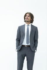 elegant people looking up on white background