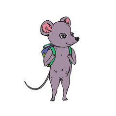 Gray mouse with green school bag on shoulders, hand drawn doodle, sketch, vector color illustration