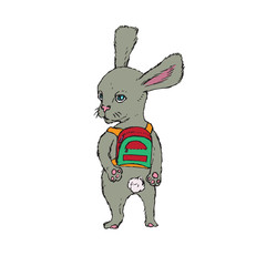 Naklejka na ściany i meble Gray rabbit with colorful school bag on shoulders, hand drawn doodle, sketch, vector illustration