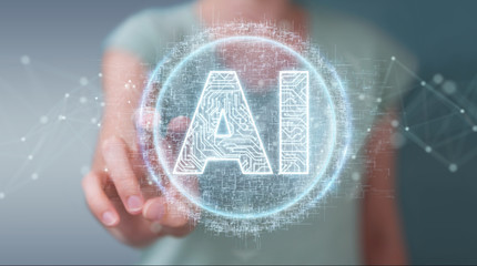 Businesswoman using digital artificial intelligence icon hologram 3D rendering