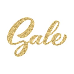 Sale hand lettering, brush calligraphy with golden glitter texture effect, isolated on white background. Vector illustration. Can be used for season sale or advertising.