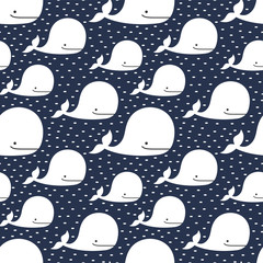 Naklejka premium Whale Seamless Pattern, Cute Cartoon Background with Blue Wave