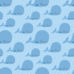 Fototapeta premium Whale Seamless Pattern, Cute Cartoon Background with Blue Wave