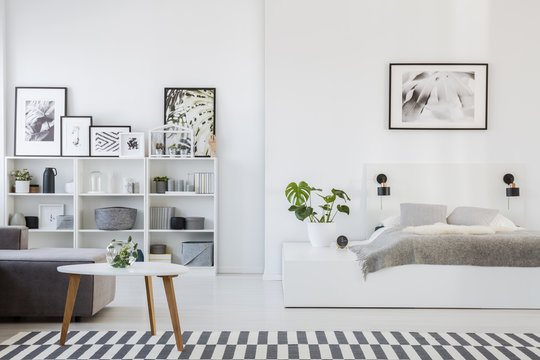 Real photo of a platform bed standing next to a sofa and a table in a one room flat interior with shelves with ornaments and posters in the background