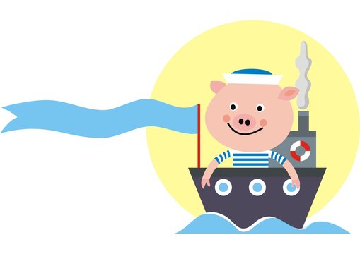 Pig at boat, funny illustration, vecto icon, concept