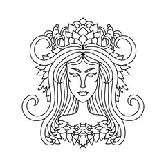 Aries girl portrait. Zodiac sign for adult coloring book. Simple black and white vector illustration.