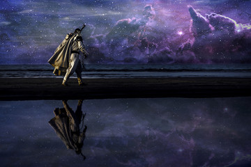 Silhouette of assassin in white costume walking by the night at the sea with sword. Beautiful and...