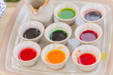 watercolor painting colors in cup prepare separately for paint food
