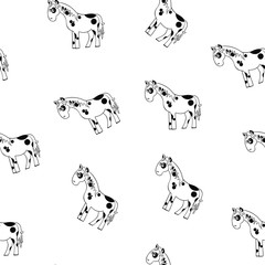 Cartoon horse seamless pattern. Black and white vector illustration of a cartoon horse. White horse with black spots on white background.