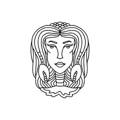 Cancer girl portrait. Zodiac sign for adult coloring book. Simple black and white vector illustration.
