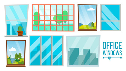 Office Windows Set Vector. Business Apartment Interior Design Element. Different Types. City View. Isolated Illustration