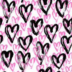 Seamless artistic abstract heart pattern. Hand drawn repeatable creative background. Paint stain grunge design from painted texture. Black, pink and white brush strokes drawing.