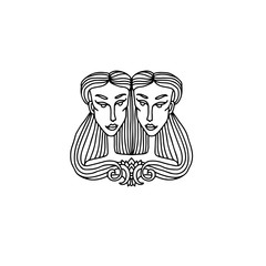 Gemini girl portrait. Zodiac sign for adult coloring book. Simple black and white vector illustration.