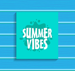 	 Summer lettering on blue wooden background with pineapple, watermelon, detox, ice, donut, ice cream, lime and candy.
