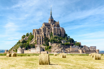 View of the Mont Saint-Michel tidal island, situated in France on the border between Normandy and...