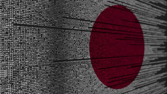 Program code and flag of Japan. Japanese digital technology or programming related loopable animation