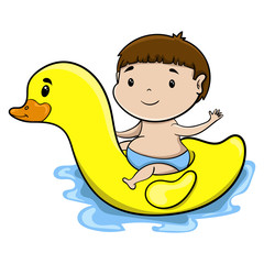 cartoon boy floating on inflatable in the forms of ducks, vector illustration