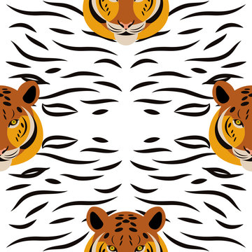 Tiger. Head, Tiger strips, white background. Seamless pattern