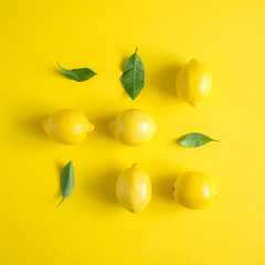 Yellow background. Lemon fruit. Flat lay, top view, copy space 