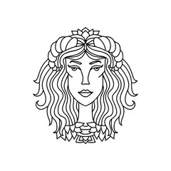 Taurus girl portrait. Zodiac sign for adult coloring book. Simple black and white vector illustration.