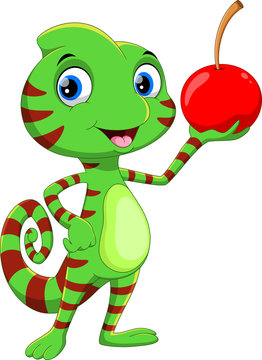 Cute chameleon cartoon with cherry fruit
