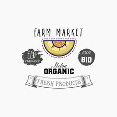 Bio sticker and eco products. Melon web element, Isolated Vector.