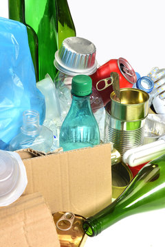 trash for recycling with, glass bottles, cans, plastic bottle and bulb