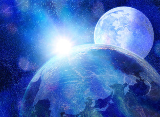 幻想的な月と太陽の宇宙イメージ-地球の夜明け © rrice