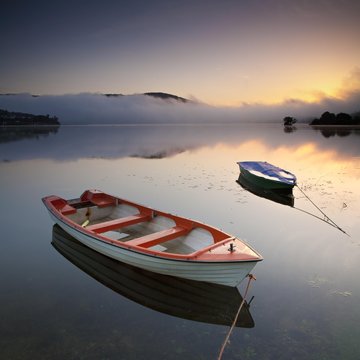 Morning light, fog over lake, rowing boats, Edersee, Edertalsperre, Hesse, Germany, Europe