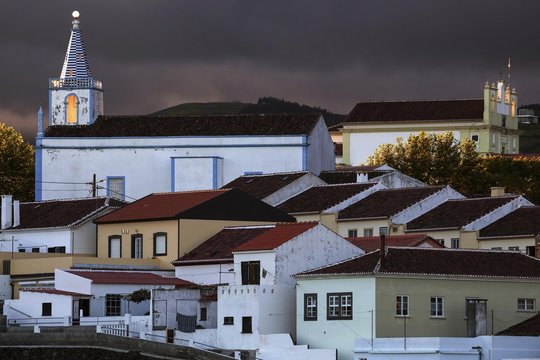 Church Igreja do Corpo Santo, in the back on the right manor house Nossa Senhora dos Remedios, Angra do Heroismo, UNESCO World Heritage Site, Storm atmosphere, Island Terceira, Azores, Portugal, Europe